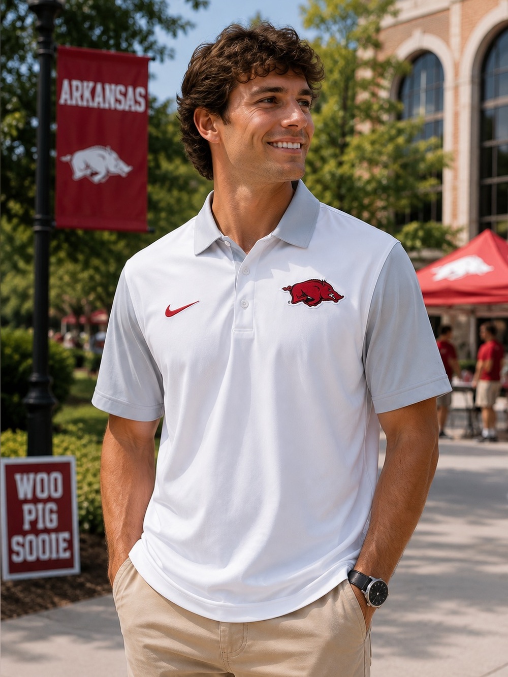 Nike Arkansas Razorbacks Polo Mens L Dri-FIT White Gray Golf NCAA SEC Shirt